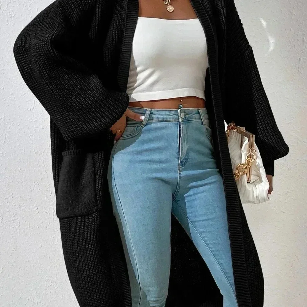 Black Casual Women's Dual Pocket Drop Shoulder Cardigan